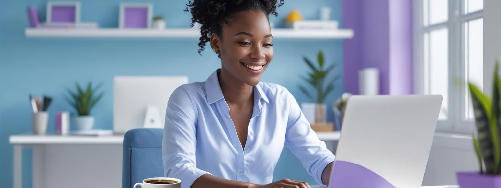 Smiling woman working on a laptop in a bright office space with a coffee cup nearby, surrounded by plants and soft purple decor.