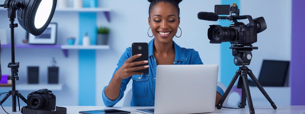 A smiling woman using a smartphone while sitting at a desk with a laptop and professional video equipment, creating content for online platforms.