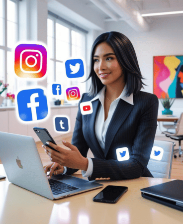 Expert Social Media Marketing Services Professional woman managing multiple social media platforms like Instagram, Facebook, Twitter, and YouTube from a laptop and phone in a modern office.