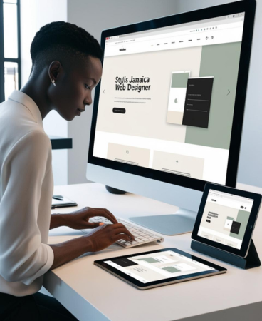 Professional Web Design Services for Modern Brands Jamaican web designer creating a stylish, modern website on a desktop computer and tablet in a bright, minimalistic office.
