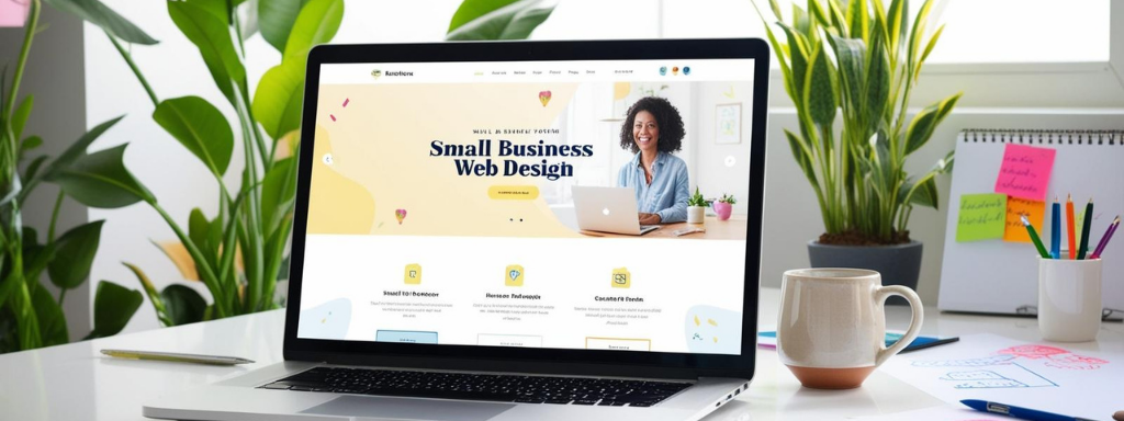 Custom Web Design for Small Businesses Laptop displaying a "Small Business Web Design" homepage on a clean, modern desk with plants, stationery, and a coffee mug.