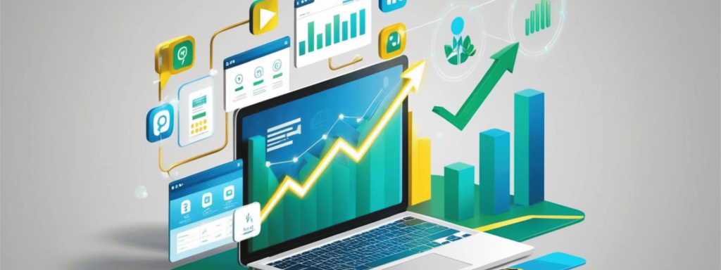 A futuristic laptop displaying digital marketing analytics, growth charts, and social media icons, symbolizing expert Jamaican digital marketing services.