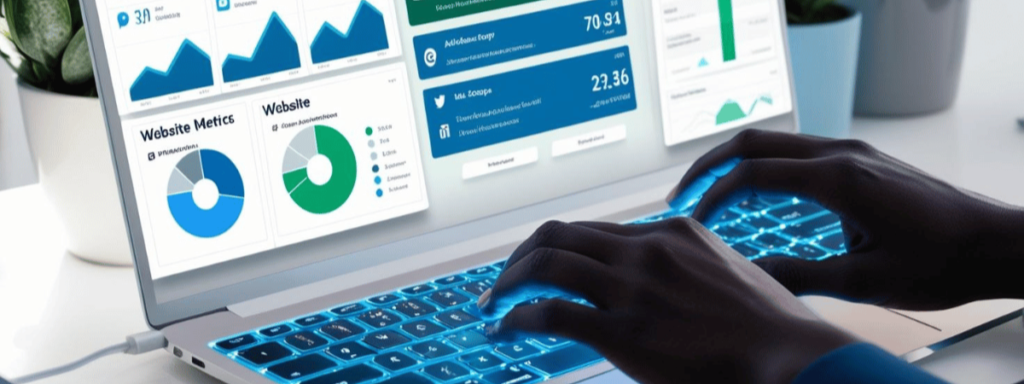A digital marketer analyzing social media and website performance on a laptop screen, representing expert Jamaican digital marketing services.