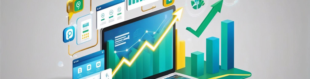 Laptop with digital growth charts, analytics bars, and connected app icons symbolizing ReachMax’s marketing solutions.