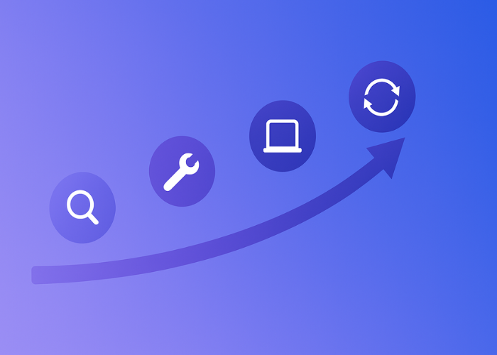 Tour driver marketing growth process showing search, setup, digital tools, and optimization icons