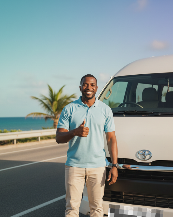 Smiling Jamaica tour driver giving thumbs up beside van after using ReachMax tour driver marketing