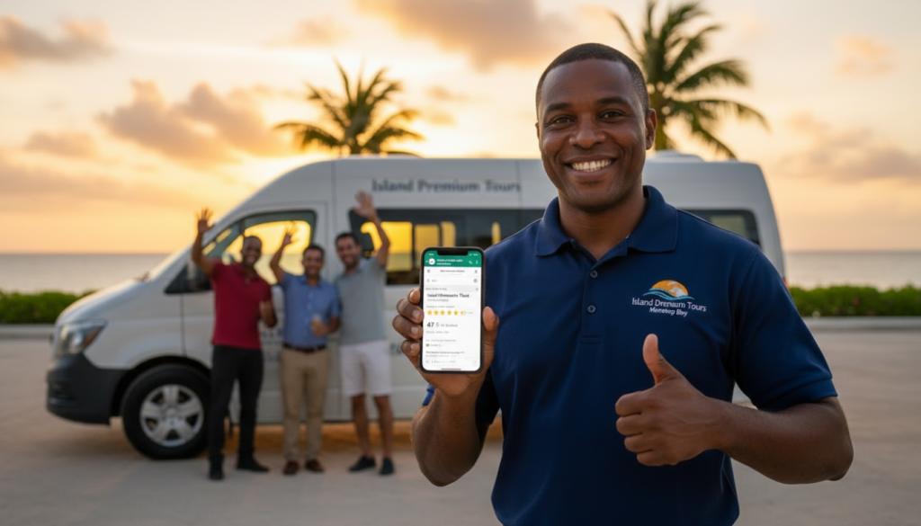 Jamaican tour guide holding a smartphone with positive Google and TripAdvisor tour reviews in front of a tour van at sunset.