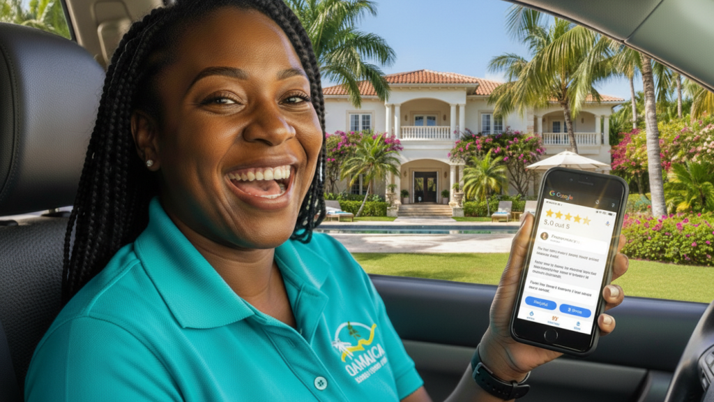 Smiling Jamaica tour operator holding a phone displaying five-star Google reviews in front of a luxury villa
