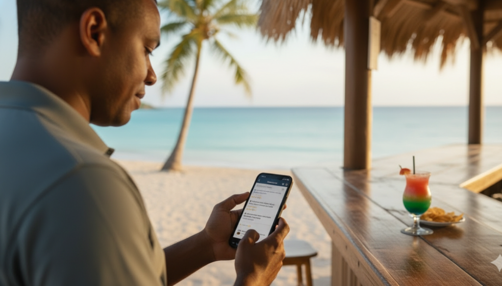 Tour driver in Jamaica checking WhatsApp Business on his phone to manage Google tour review requests.